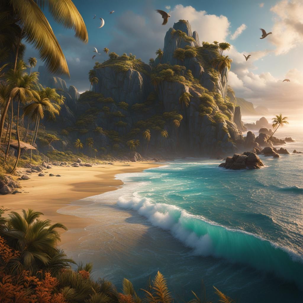 Fantastical Beach Matte Painting in Deep, Complementary Colo...