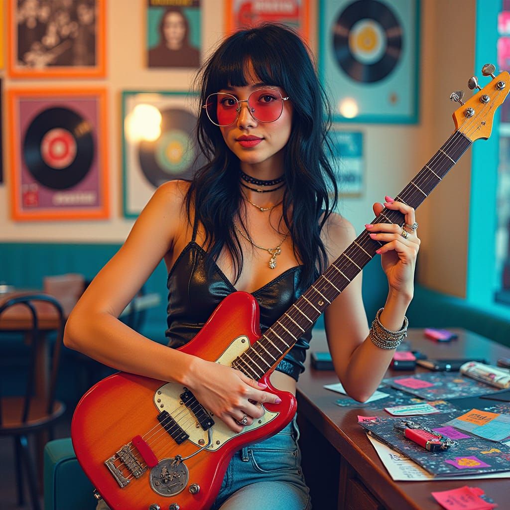 Trendy Woman with Guitar in Pop Art Style