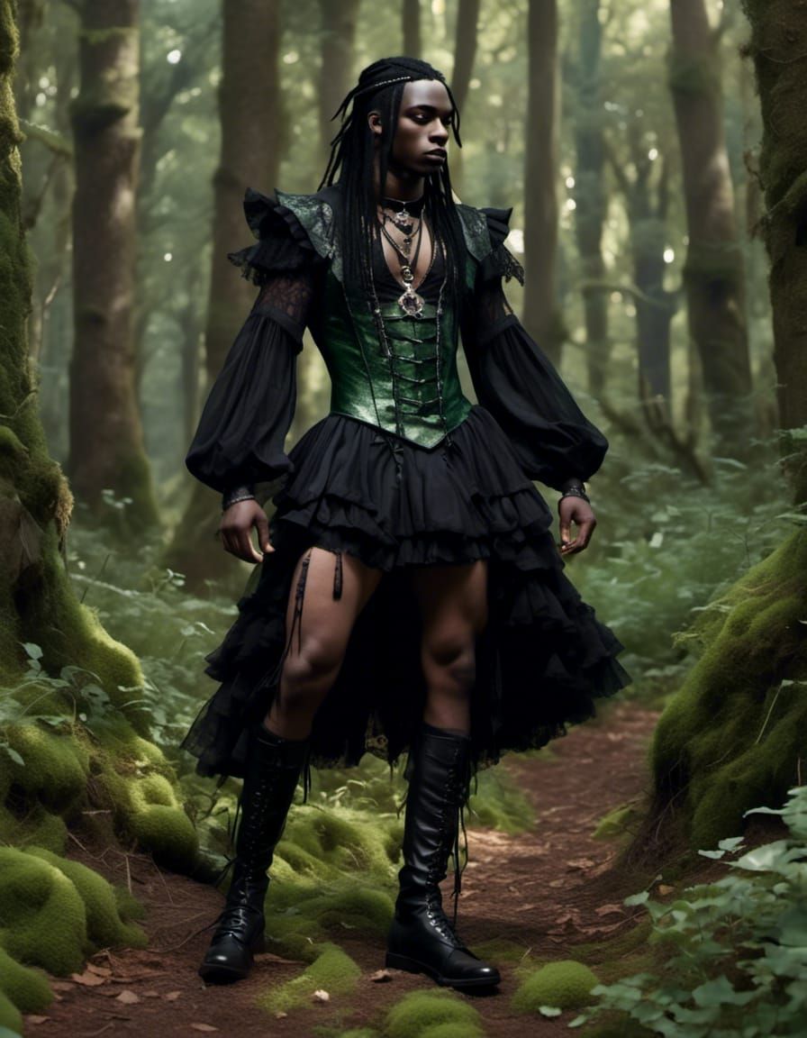 Gothic Man in Forest with Intricate Leather Dress