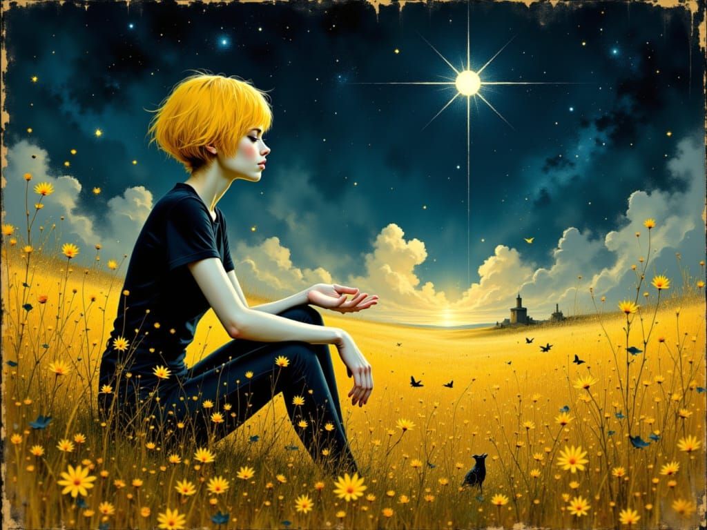 Young Woman Holding Light in Golden Field
