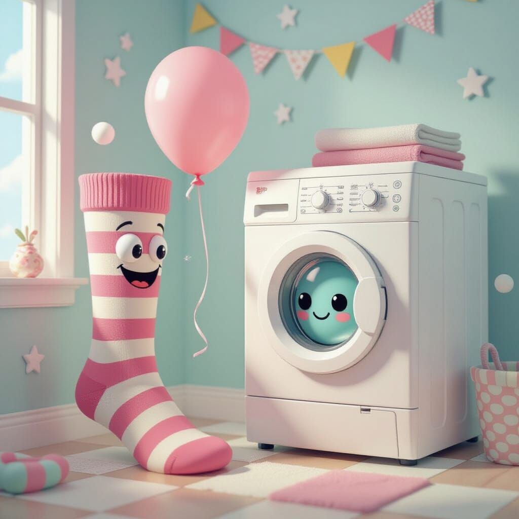 Whimsical Sock & Washing Machine Escape in Pastel Kingdom