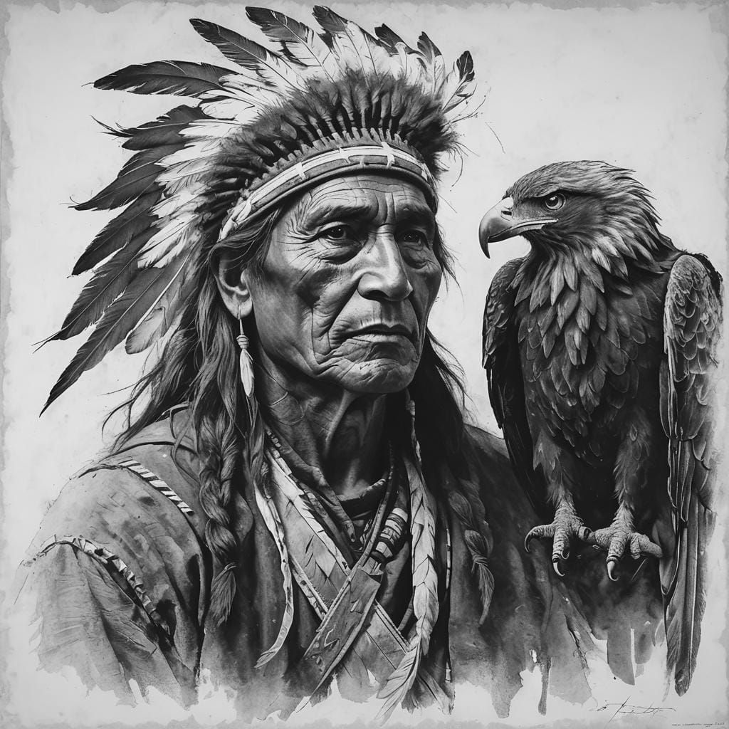Native American and Eagle Charcoal Drawing