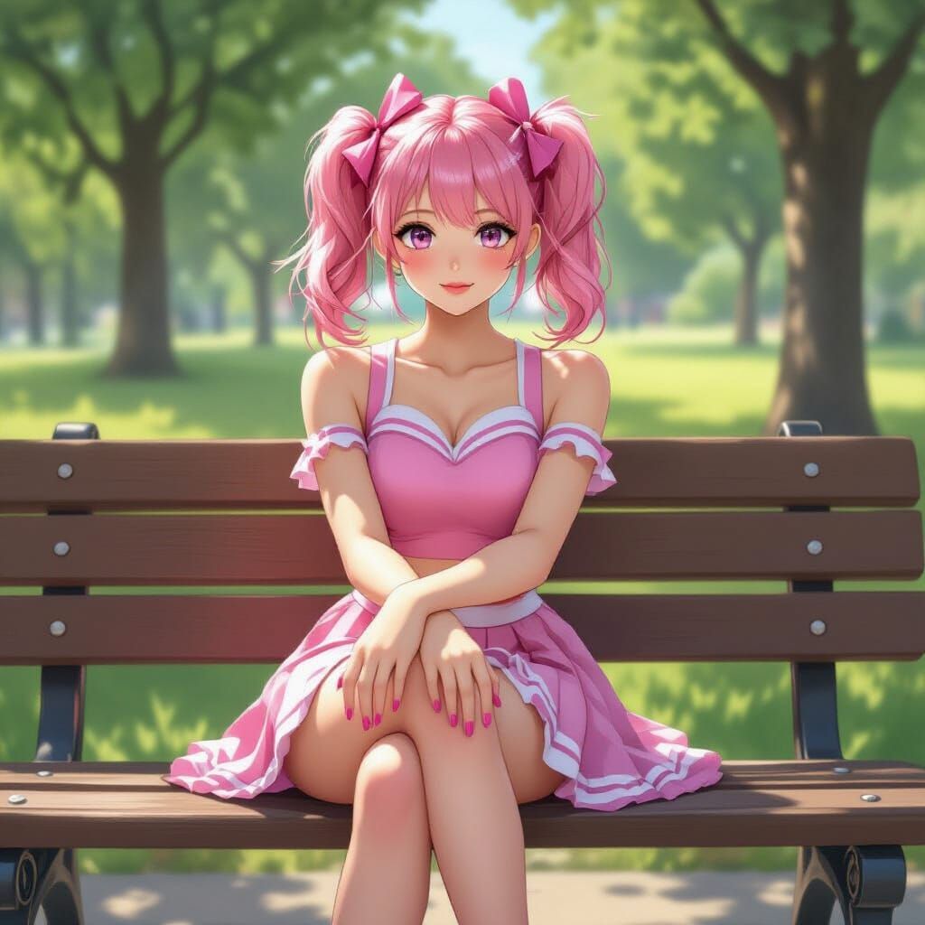 Pink Haired Cheerleader on Park Bench, Feet Focus