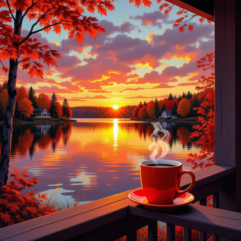 Sunset Over Lake House Deck in Hyperrealism
