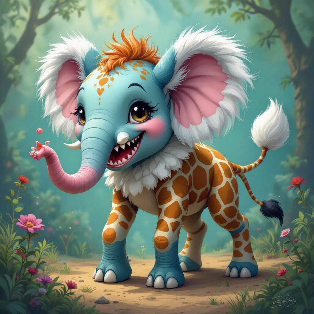 Whimsical Creature with Elephant Trunk and Giraffe Legs