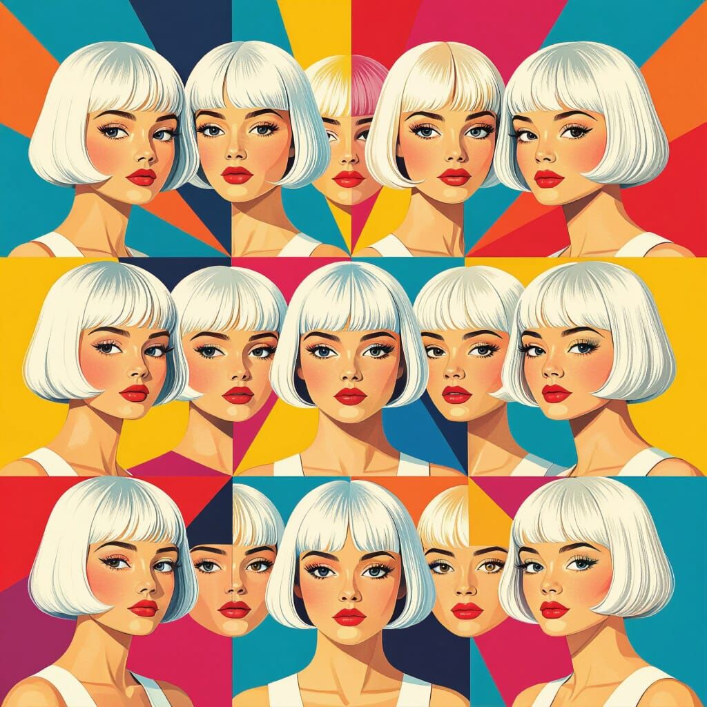 Pop Art Screen Print of Girls in Bauhaus Pattern