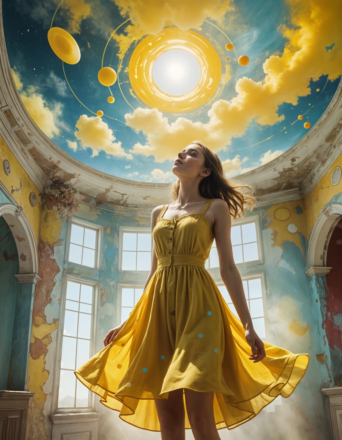 Girl Ascends to Celestial Realm in Vibrant Gothic Scene
