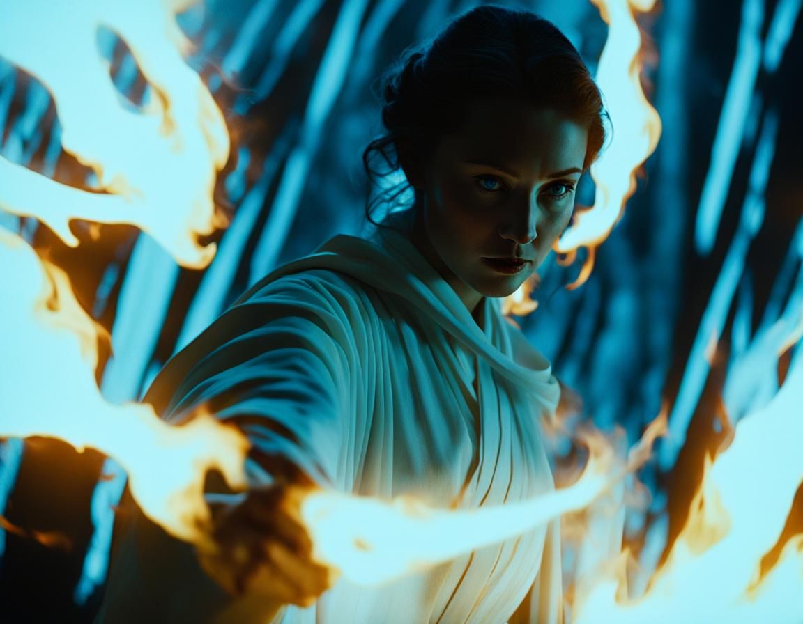 Woman Firebending Blue Flames in Noir Forest