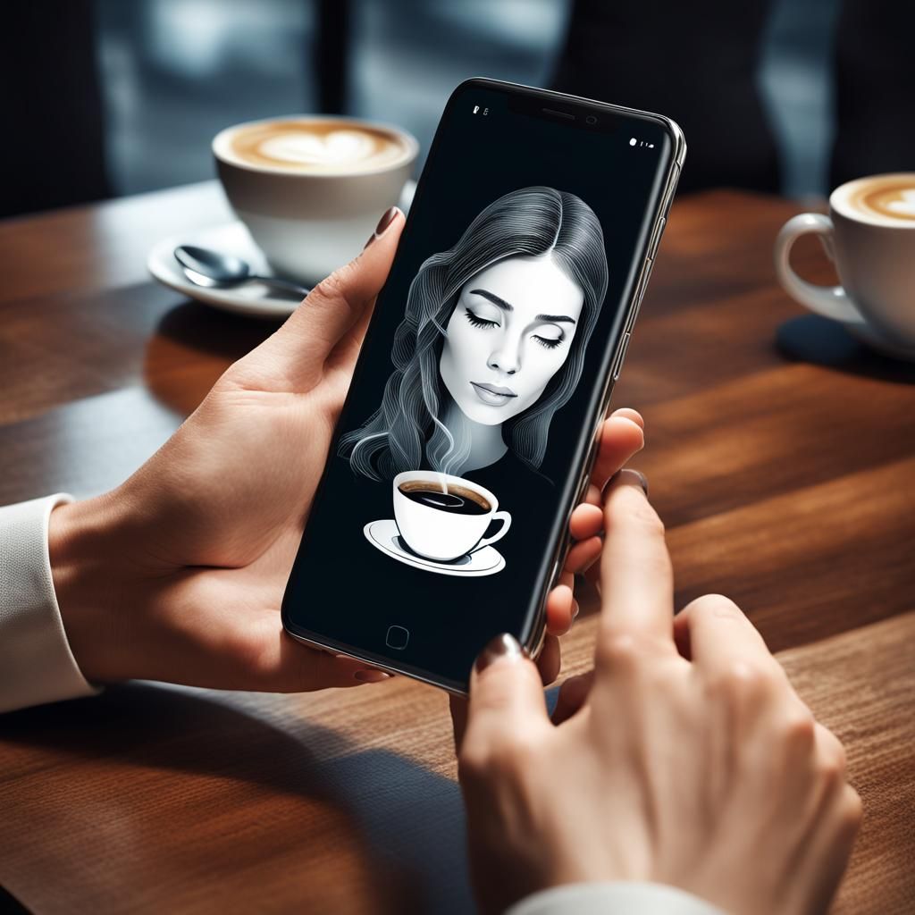 Smartphone Displaying a Woman Having Coffee