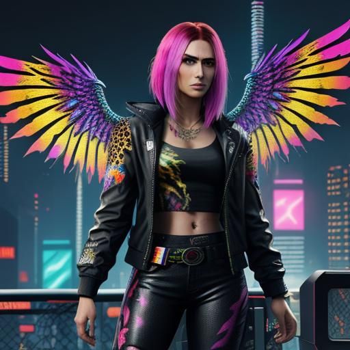 Winged Woman with Rainbow Scales in Cyberpunk Style