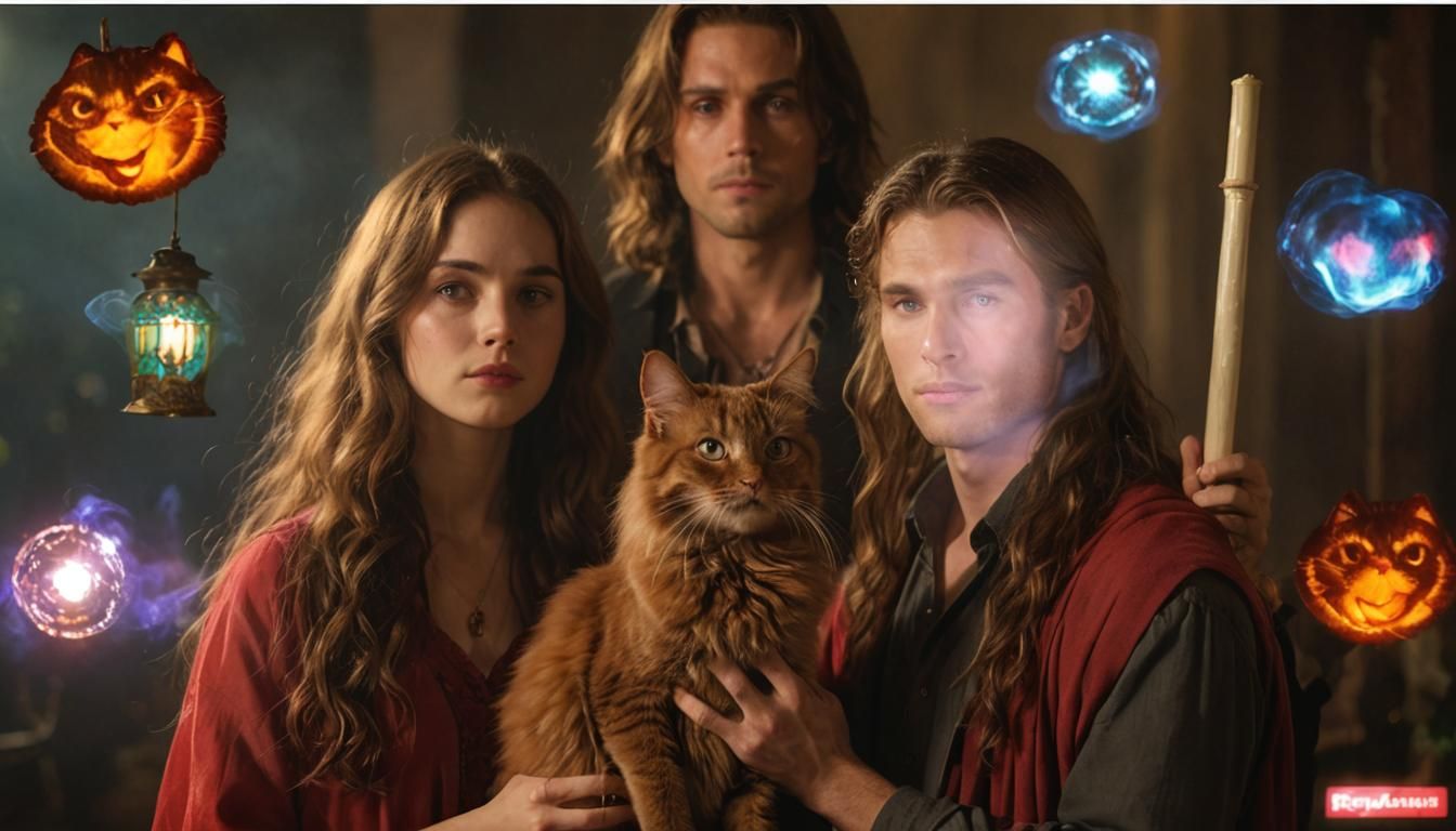 Magician Siblings with Red Cat in Golden Hour