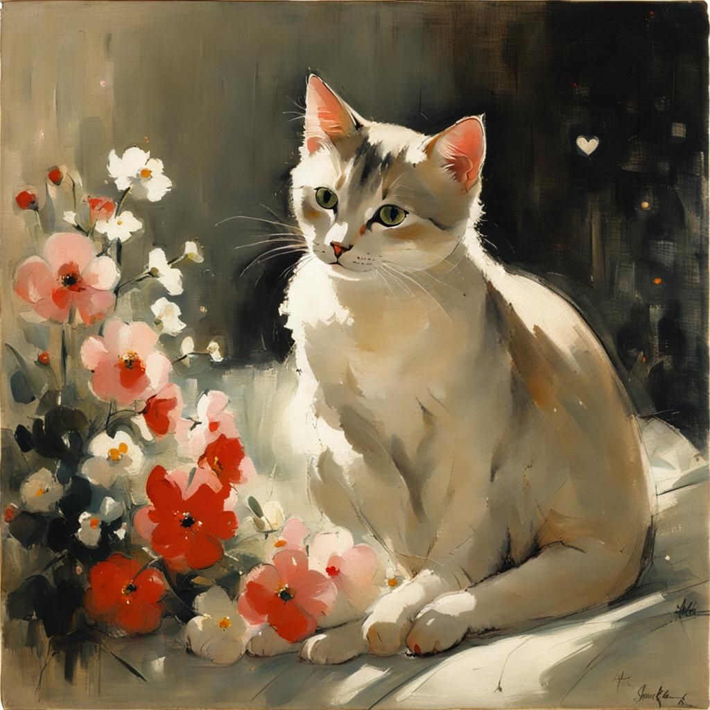 Cute Cat Surrounded by Flowers in Modern Style