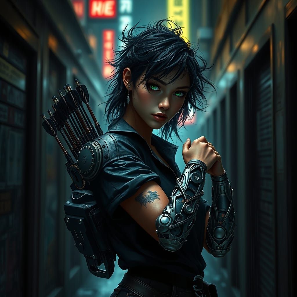Cyberpunk Assassin Queen in Dystopian Cityscape