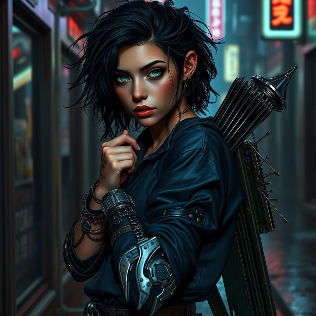 Cyberpunk Assassin Queen in Dystopian Alleyway