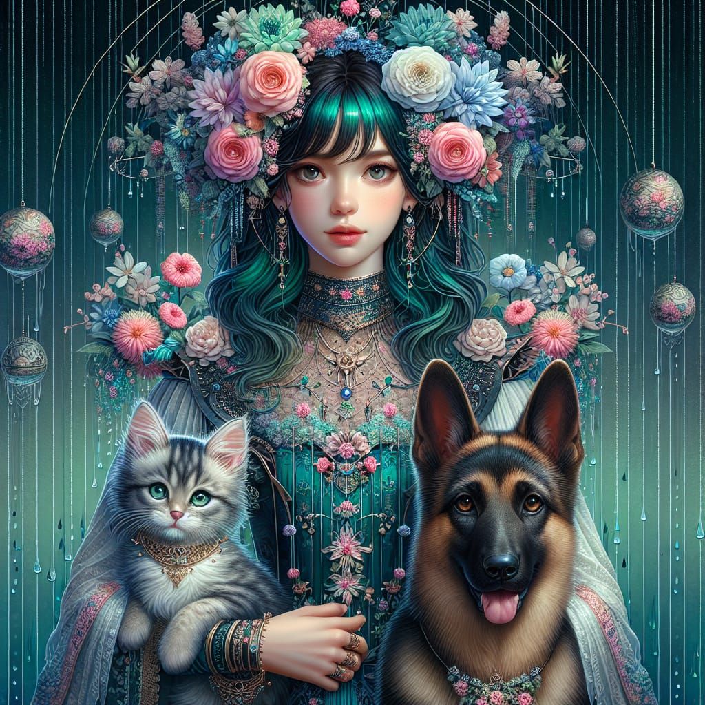 Fantasy Woman in Rainy Teal Landscape with Flowers and Pets