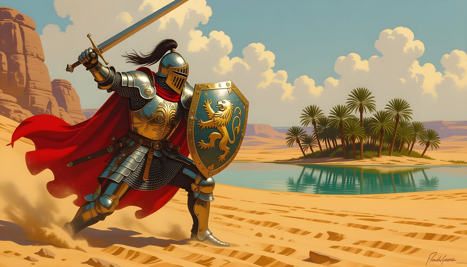 Crusader Knight in Dramatic Desert Battle Scene