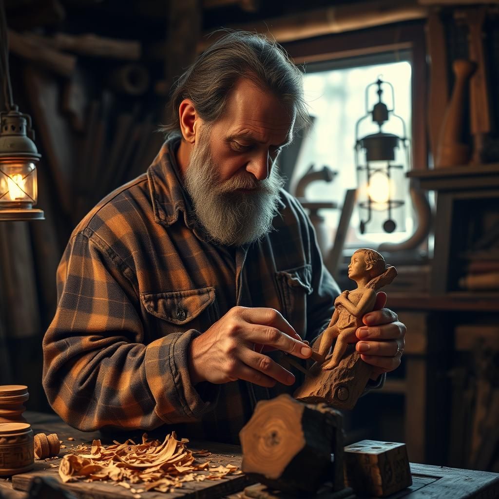 Woodsman Carving Figure in Cluttered Workshop