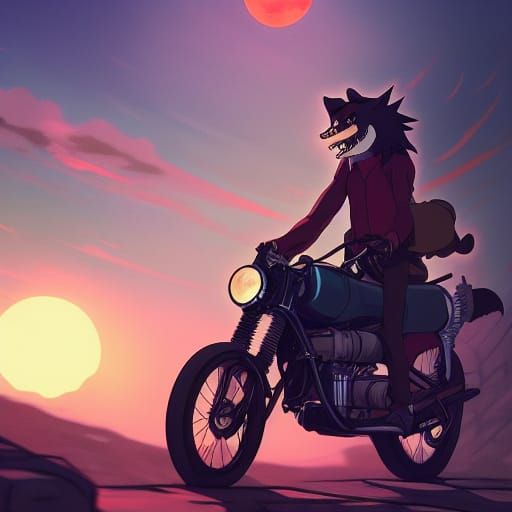 Werewolf on Motorcycle in Studio Ghibli Anime Style
