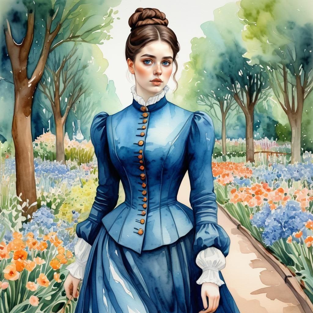 Victorian Woman in Botanic Garden, Watercolor Style