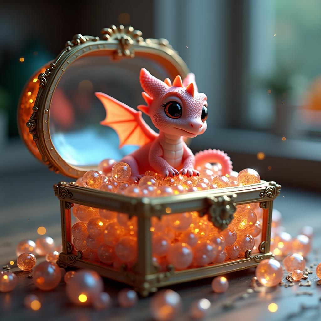 Miniature Dragon Surveys Treasure Trove in Glass Jewelry Box