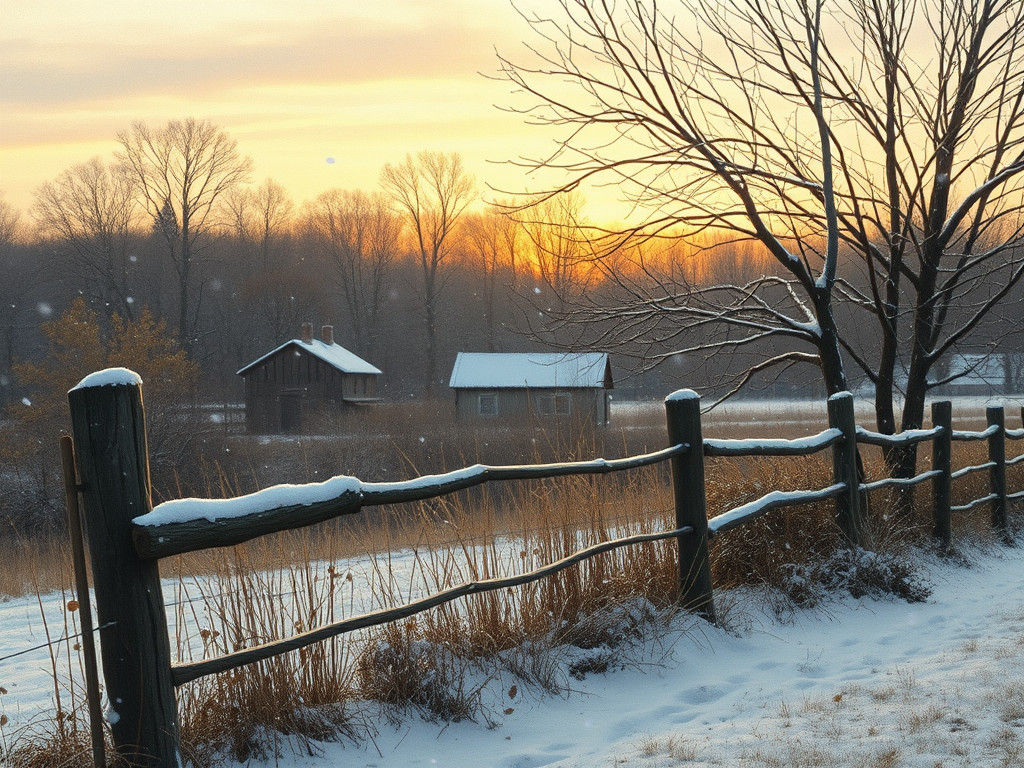 First Snowfall on Autumn Landscape at Dusk