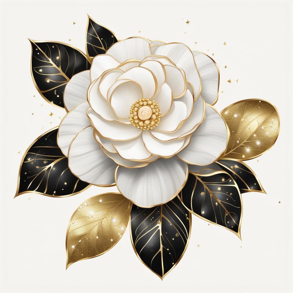 Elegant White Camellia with Art Nouveau Swirls