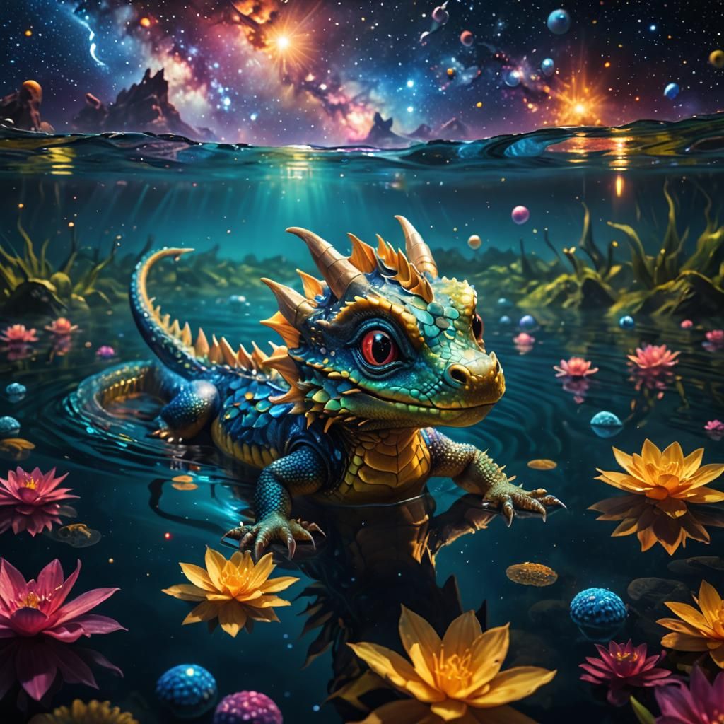 Adorable Dragon's Galactic Swim: Hyperrealistic Digital Art