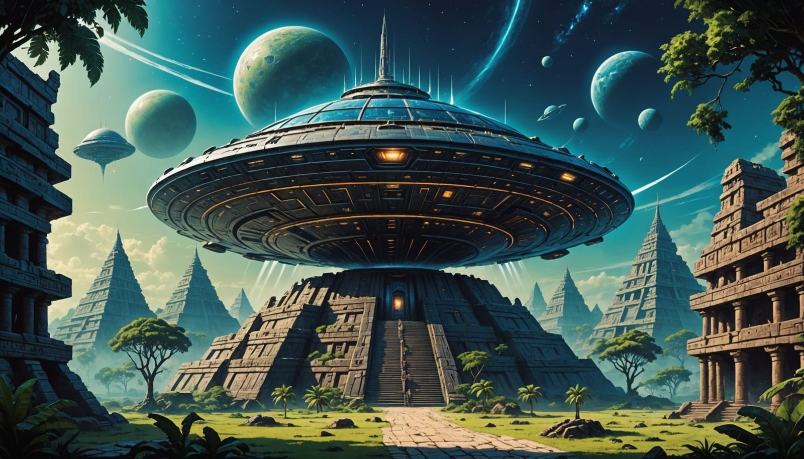 Alien Saucer Over Mayan Temple: Digital Matte Painting