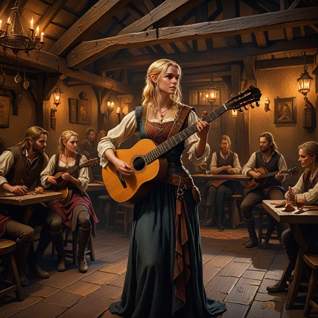 Dark Fantasy Bard Performing in Medieval Tavern, Painterly S...