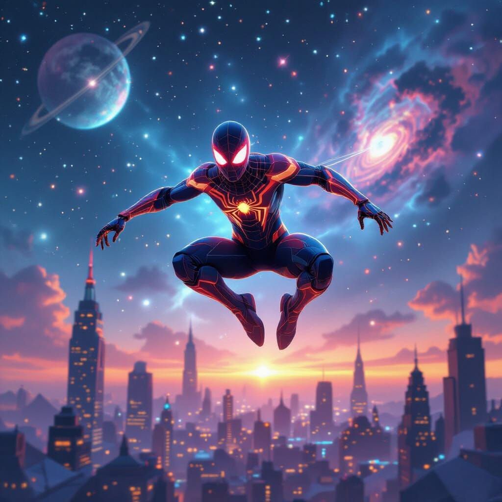 Spider-Hero Leaps Through Galactic Skyline in Neon Nano-Armo...