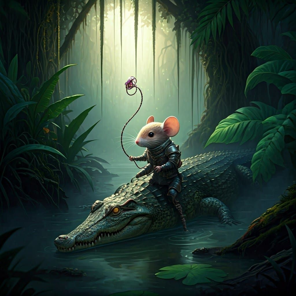 Mouse Taming Crocodile in Mystical Swamp