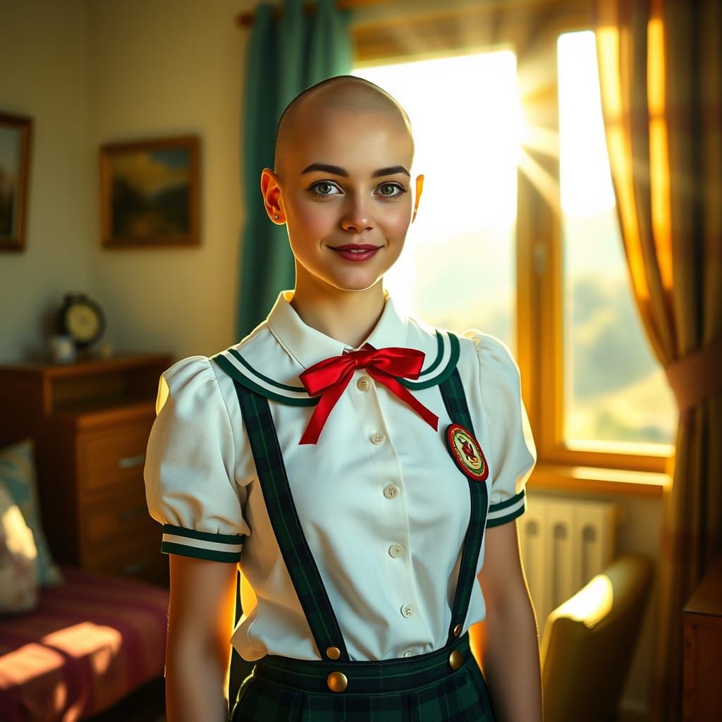 Bald Woman in School Uniform: Cinematic Morning Portrait
