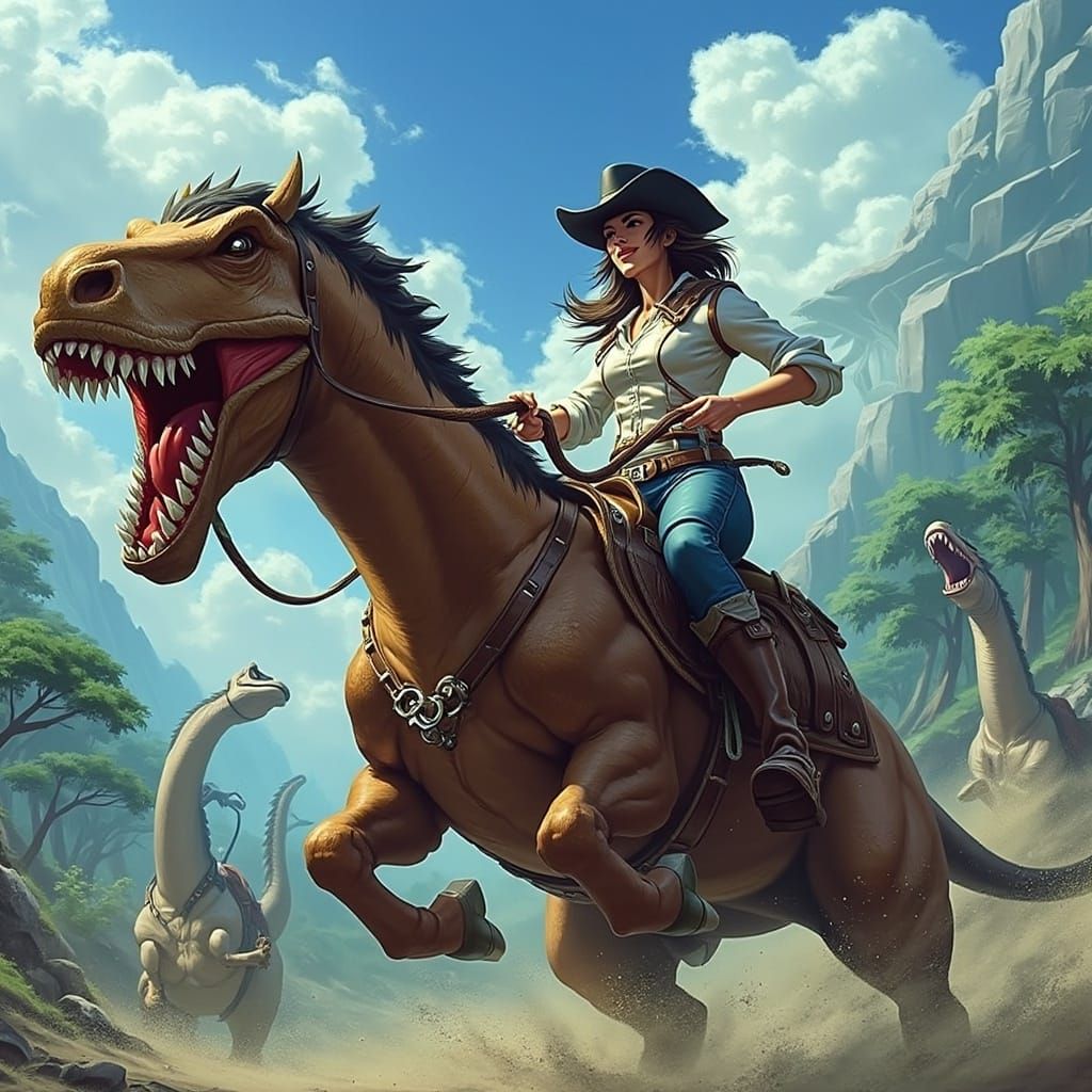 Woman Rides Dinosaur Horse Into Battle