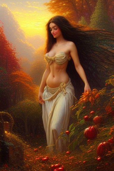 Autumn Harvest Goddess in Hyperdetailed Oil Painting