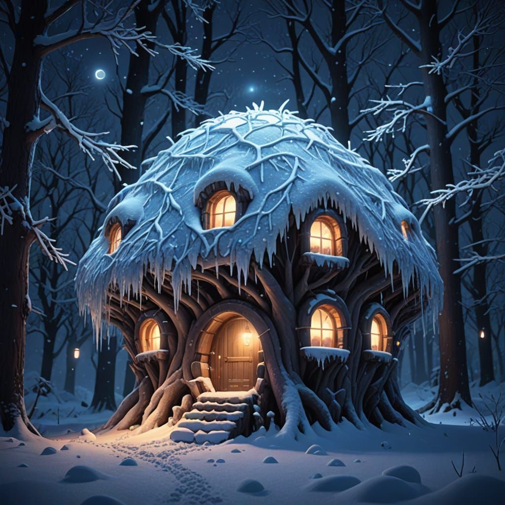 Ethereal Winter Wonderland Treehouse Igloo at Night