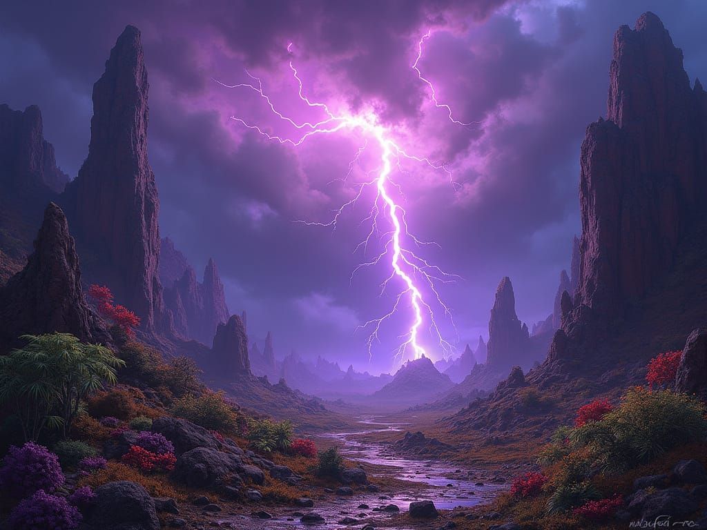 Alien Fantasy Landscape Under Electric Violet Storm