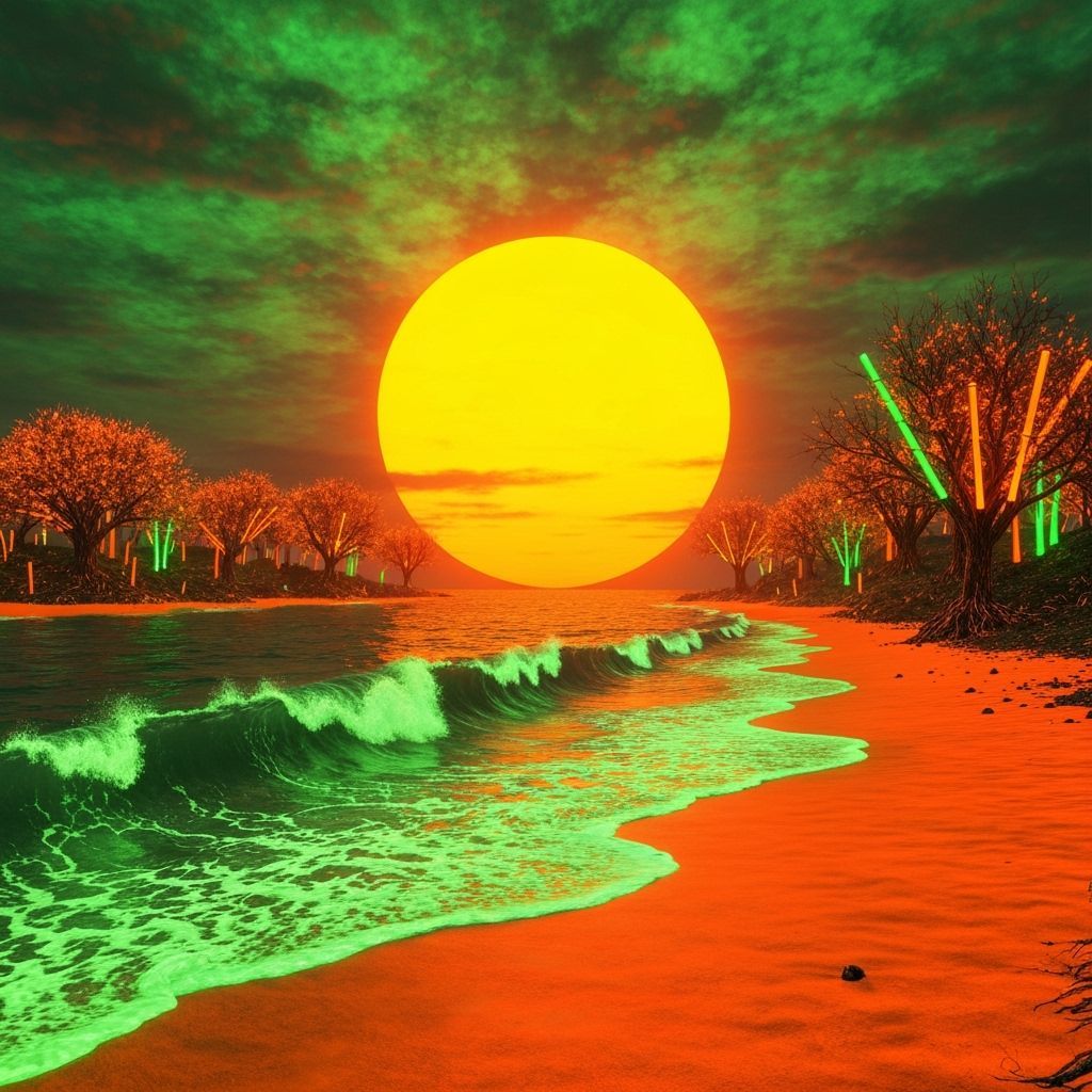 Neon Alien Shoreline with Orange Sun, Vibrant Colors