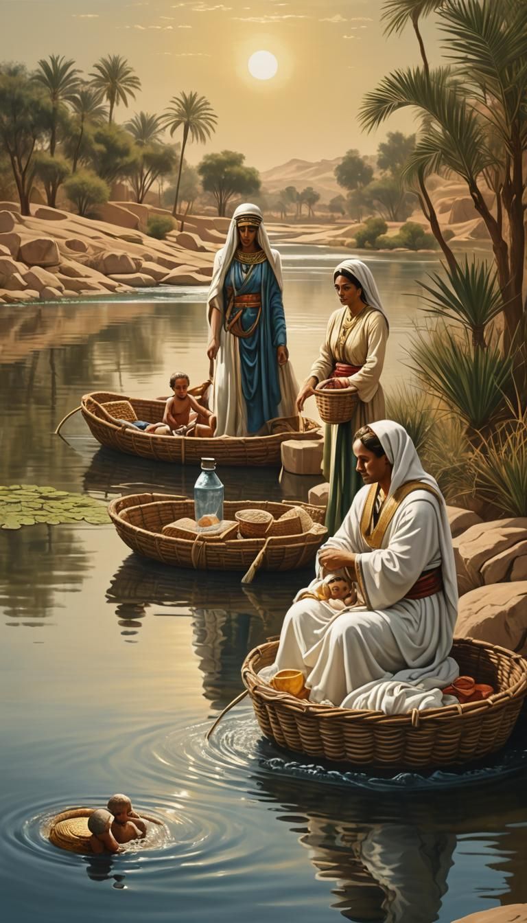 Baby Moses floating in a basket, swaddled peacefully, Nile river scene, king's daughter bathing, handmaids pouring water...