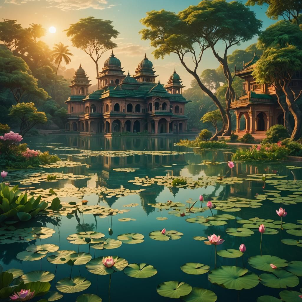 Serene Chola Lake with Golden Light, Fantasy Landscape