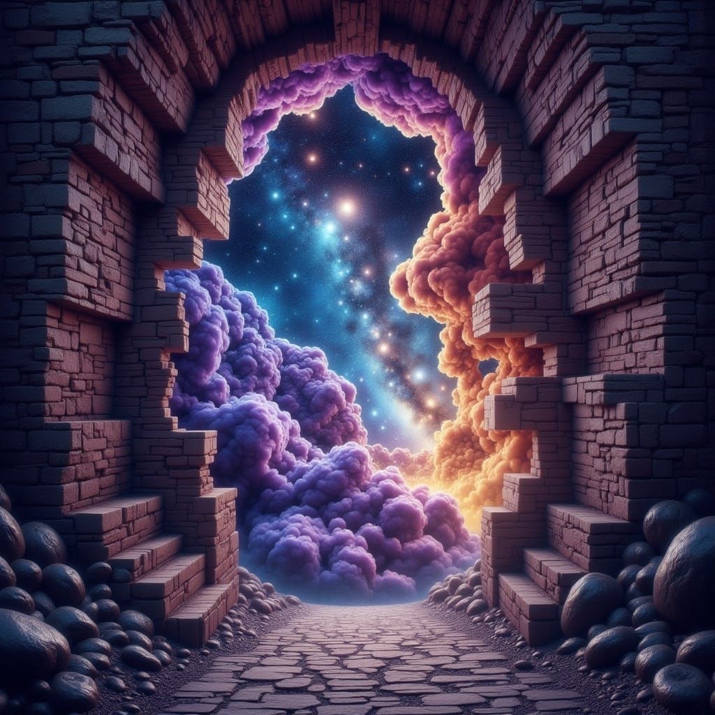 Ethereal Galaxy Portal Through Weathered Brick Wall