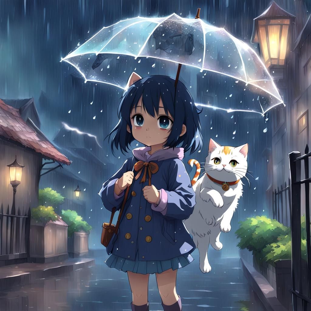 Girl and Magic Cat in Anime Rain