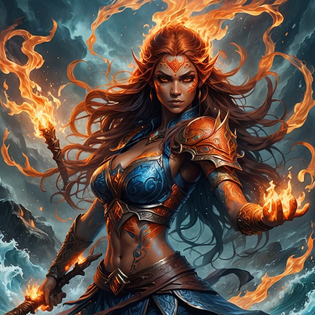Powerful Fire and Water Elf Fantasy Portrait