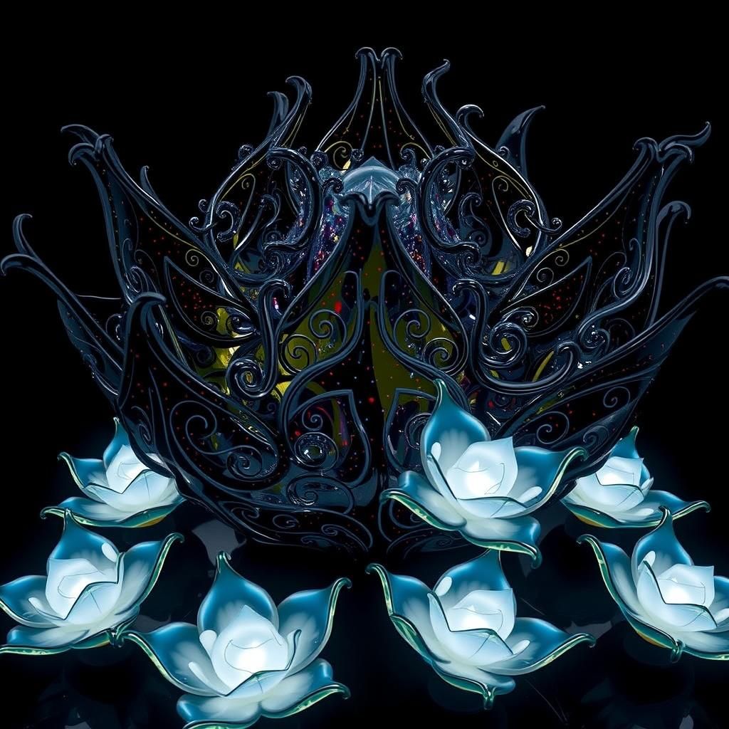 Ethereal Black Glass Lotus Sculpture in Chihuly Style