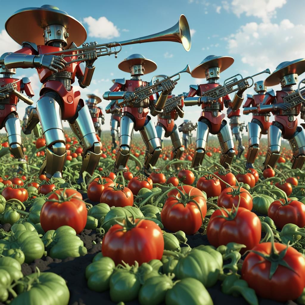 Sci-Fi Brass Band in Tomato Field, Cinematic Render