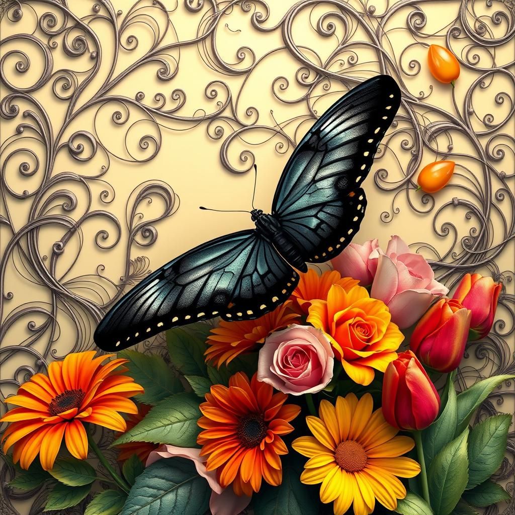 Elegant Black Butterfly on Floral Bouquet in Abstract Style