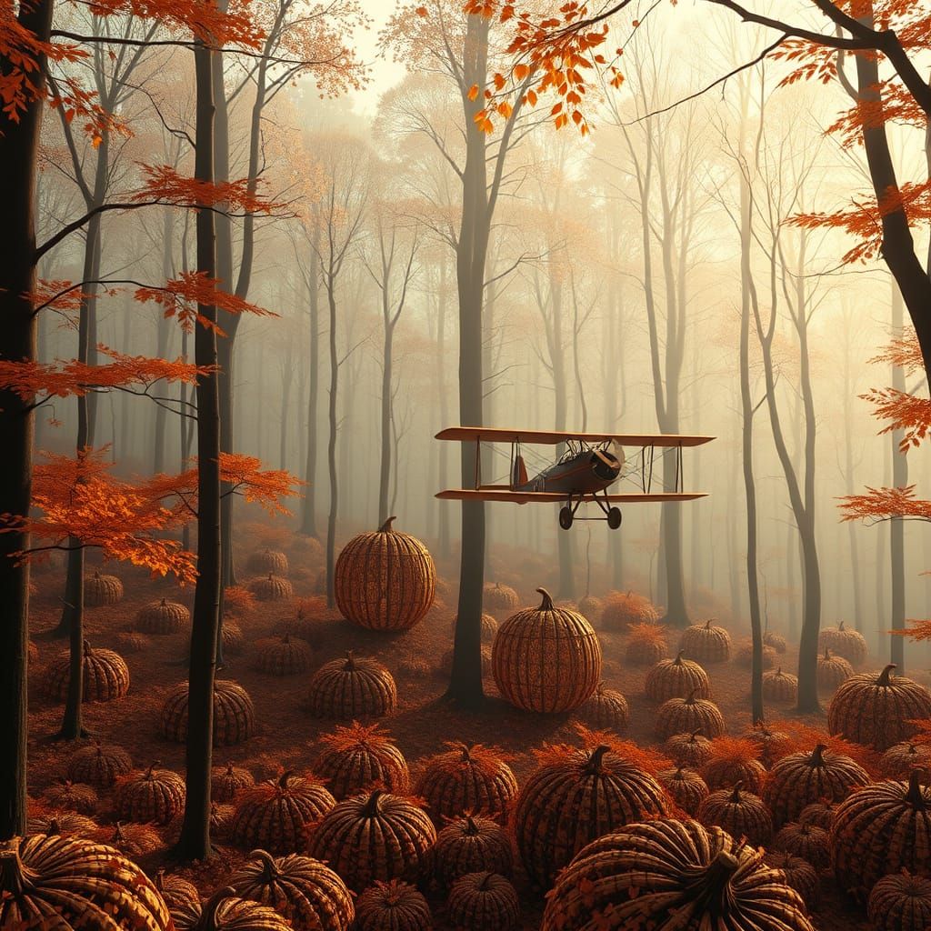Biplane Over Autumn Forest with Pumpkin Fractals