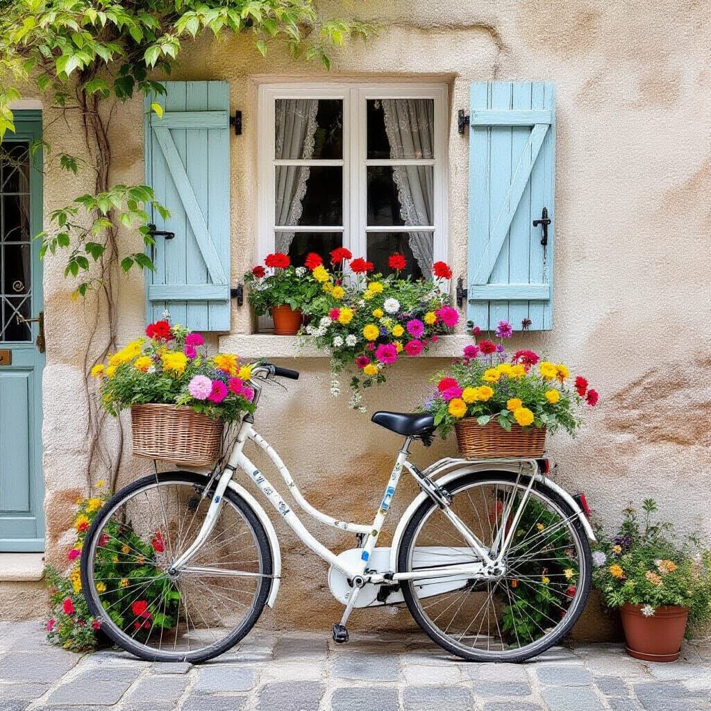White Bicycle with Flowers in Impressionist Style