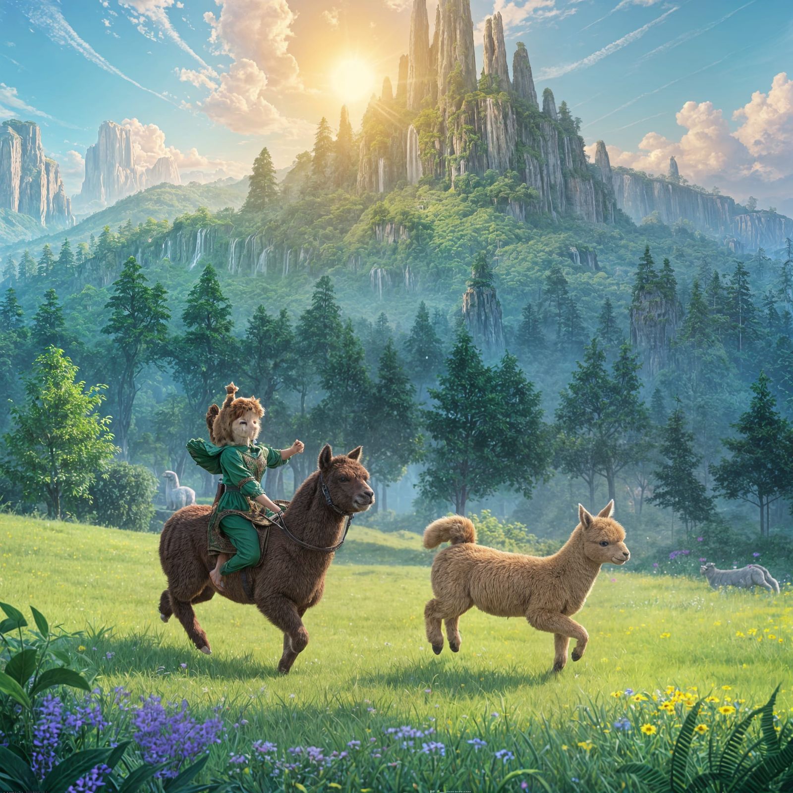 Joyful Alpaca Leaps in Vibrant Green Paradise