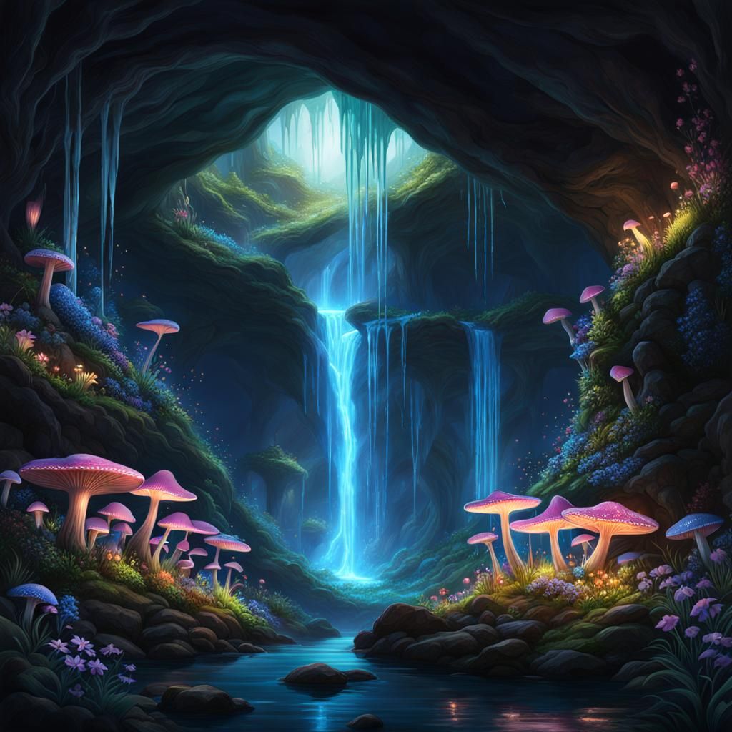 Bioluminescent Mushroom Cave with Mana Waterfall