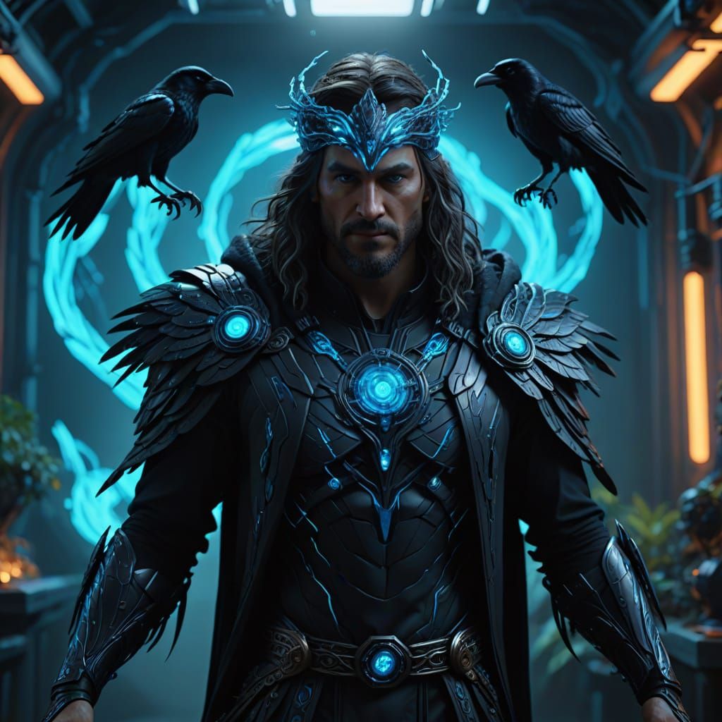 Futuristic Druid Transformation into Digital Raven